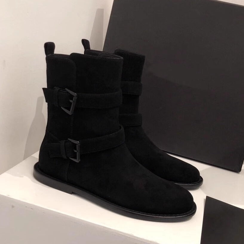 Women's Suede Flat Ankle Genuine Belt Buckle Women's Leather Boots
