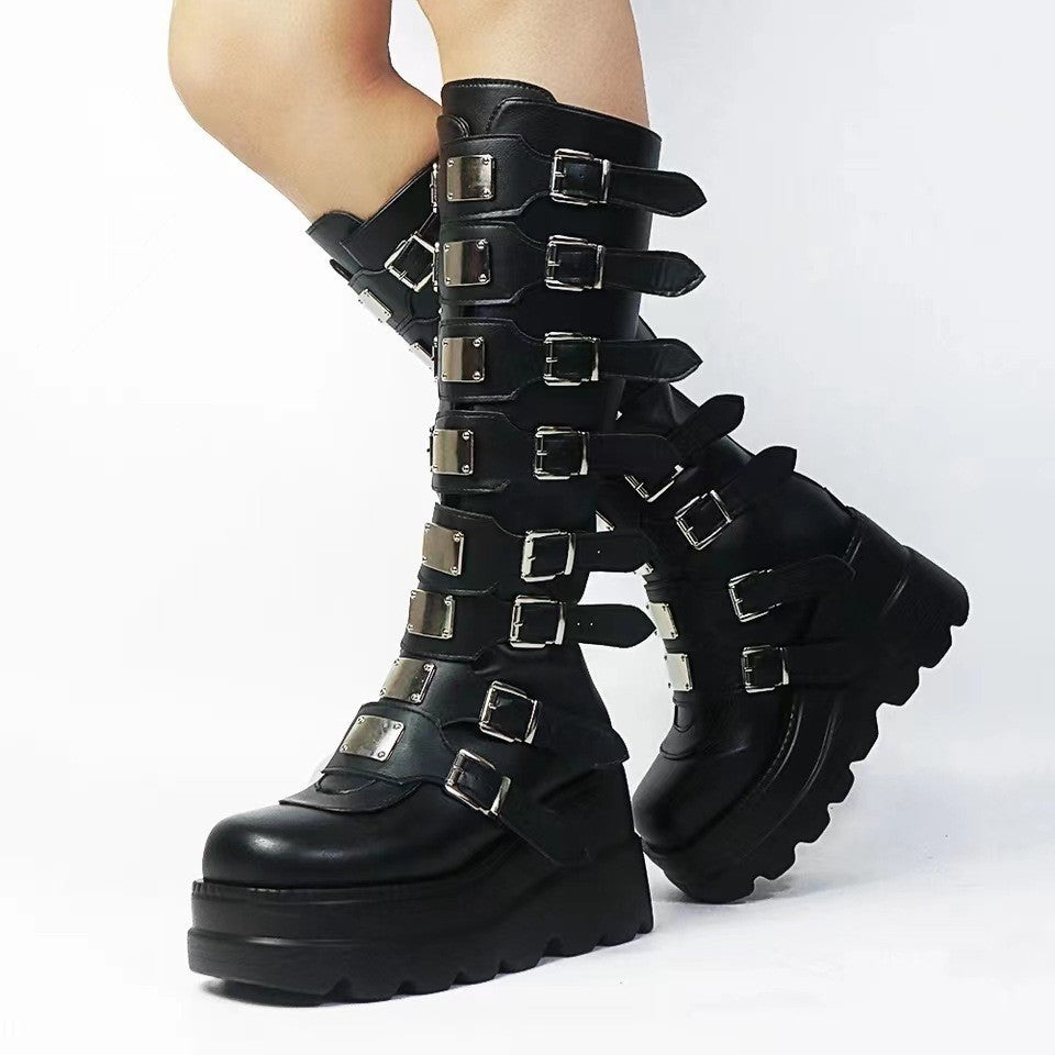 Women's Metal Buckle With Platform High Female Plus Women's Leather Boots