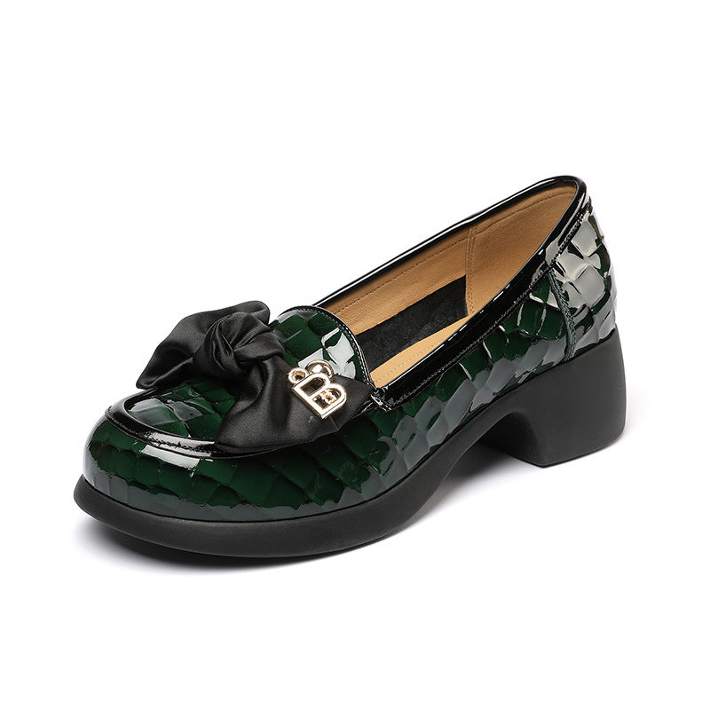 Women's Mid British Bow Green Thin Shiny Women's Fashion Shoes