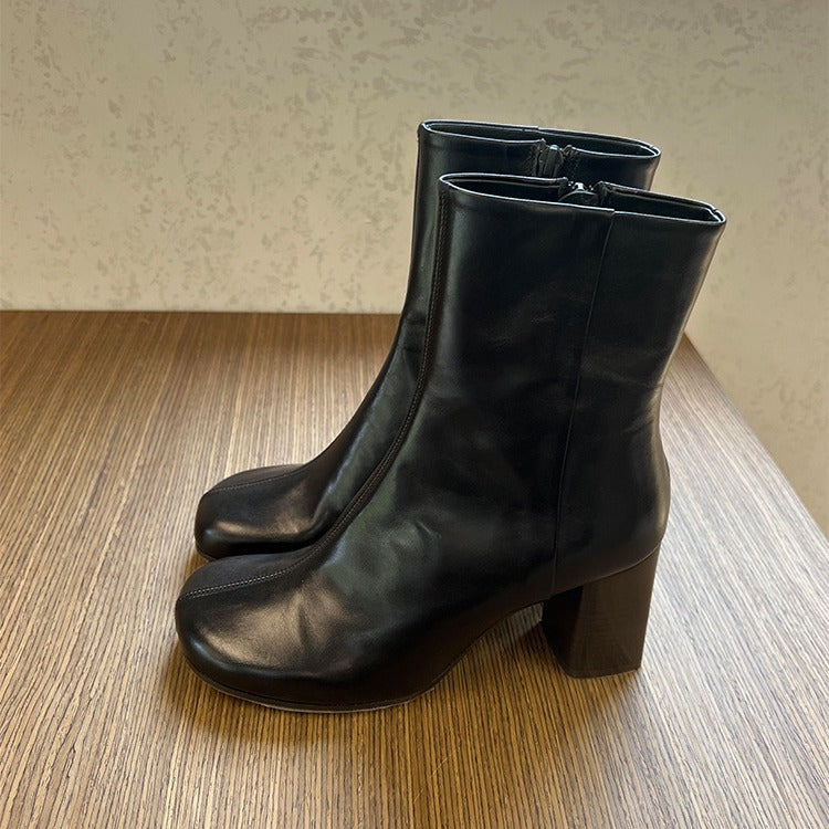 Women's Cowhide Side Zipper Fashion Short Chunky High Martin Heels