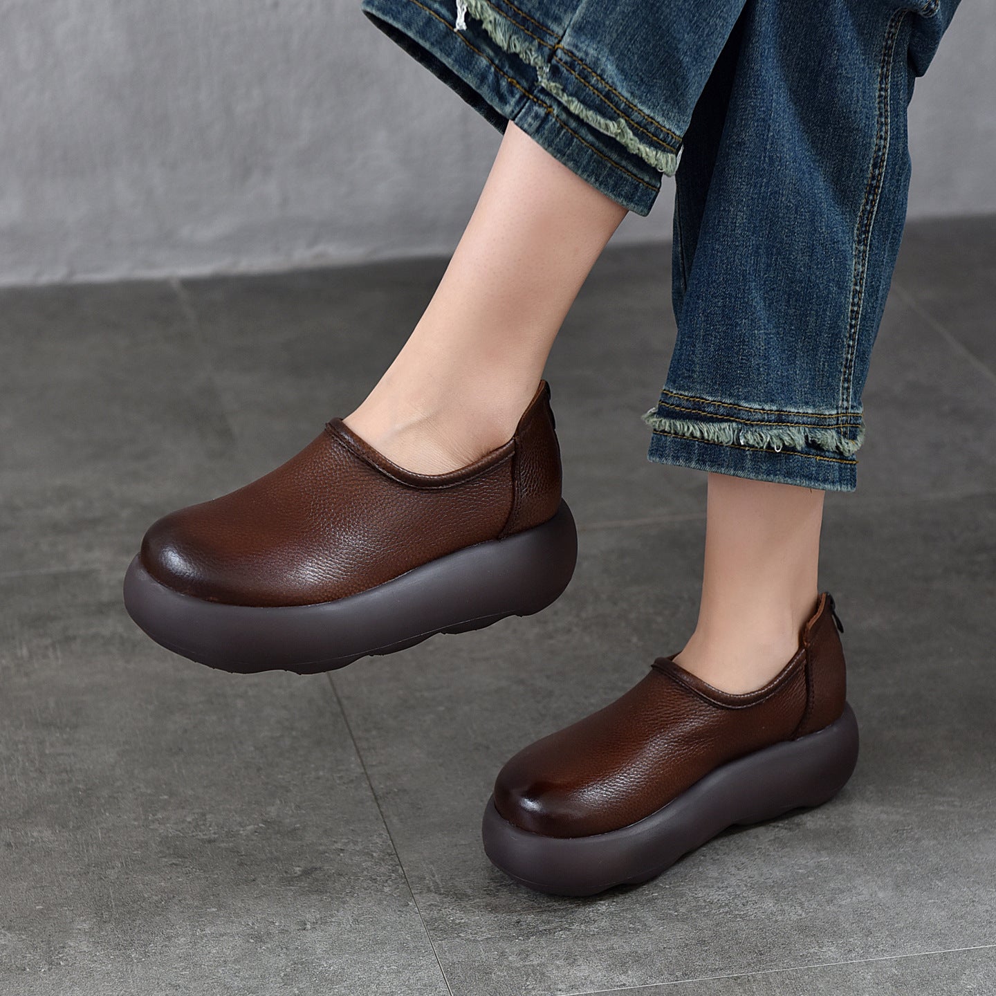 Women's Round Toe Platform Genuine First Layer Women's Casual Shoes