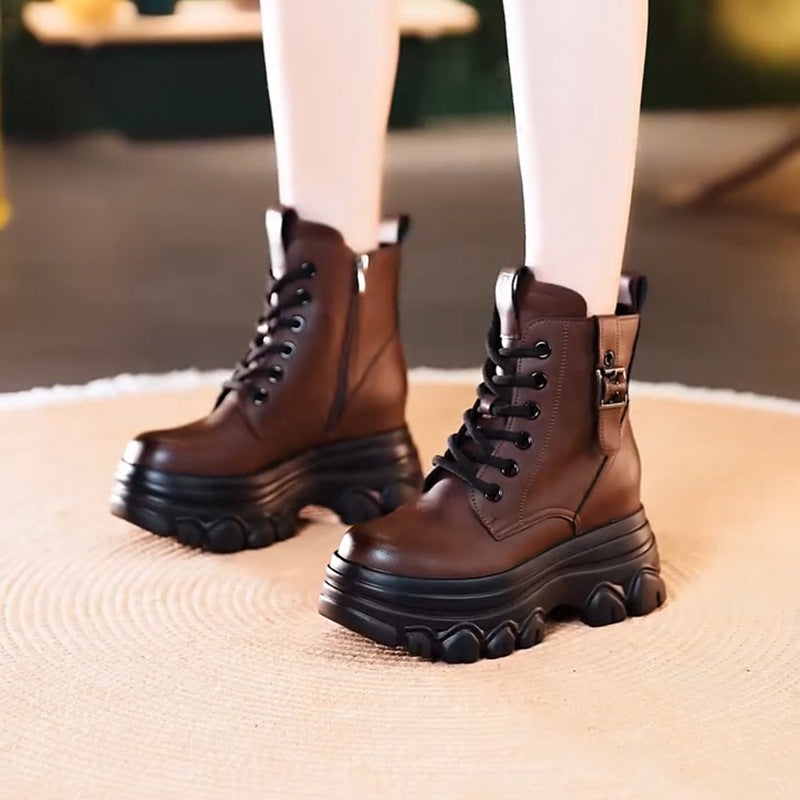 Women's Genuine Short Thick Bottom Fleece-lined British Women's Leather Boots