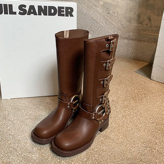 Women's Retro Round Head Ankle Ring Chunky Boots