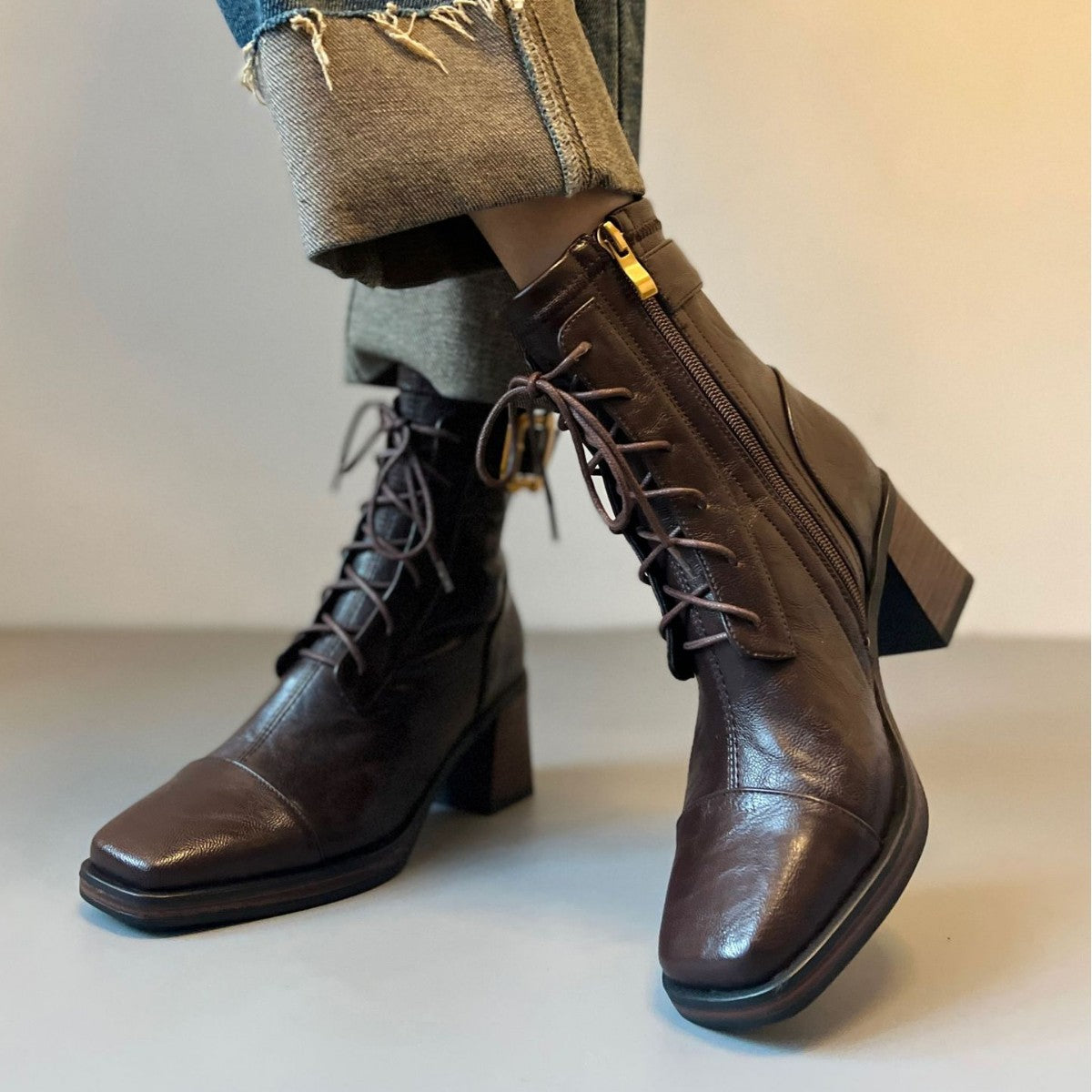 Women's Retro Style Booties High Platform Soft Martin Thick Gold Women's Leather Boots