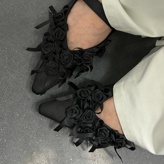 Women's Spring Design Niche Black Rose Pointed Buckle Low Heels