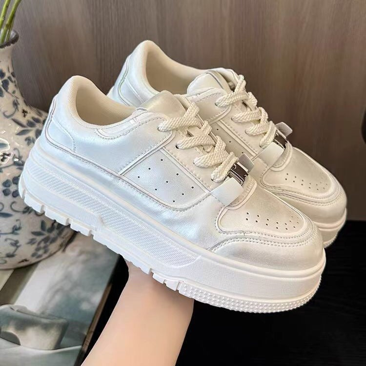 Women's Thick Bottom Pearlescent Lock White Sports Height Increasing Women's Casual Shoes
