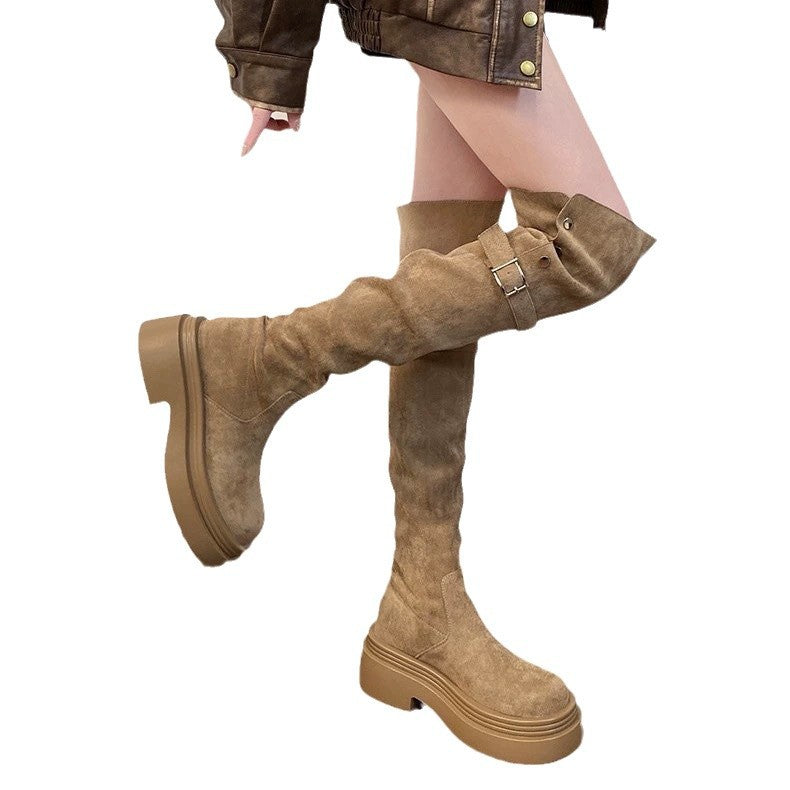 Women's Belt Buckle Khaki Two-way Wear Fold Thick Bottom Women's Leather Boots
