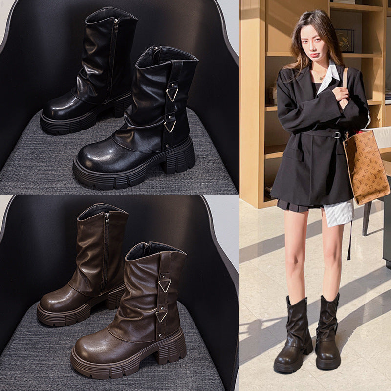 Women's Pants Martin Autumn Fashion Thick Bottom Solid Color Trendy Women's Leather Boots