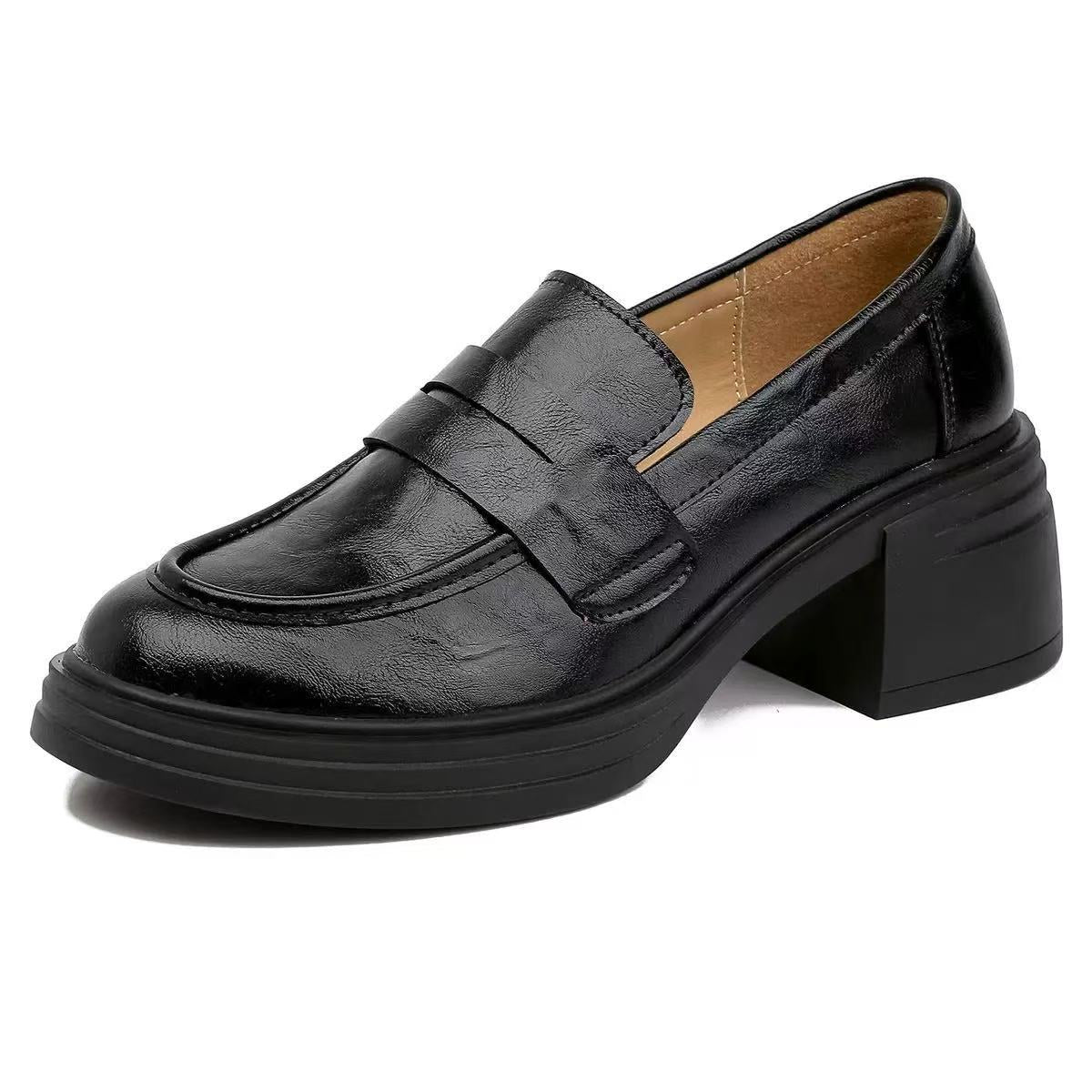 Women's Retro Chunky Slip-on Round Toe Pumps Genuine Loafers