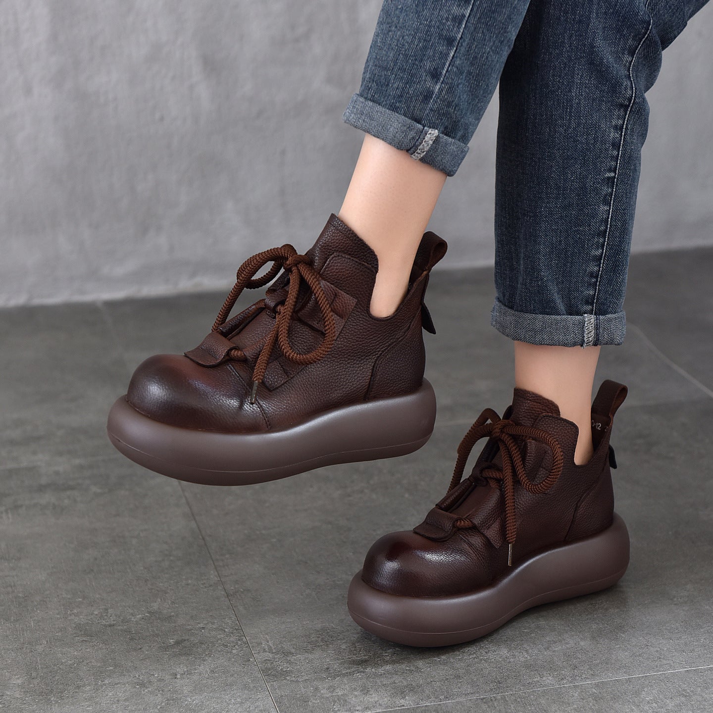 Women's Ankle Authentic First Layer Cowhide Platform Round Boots