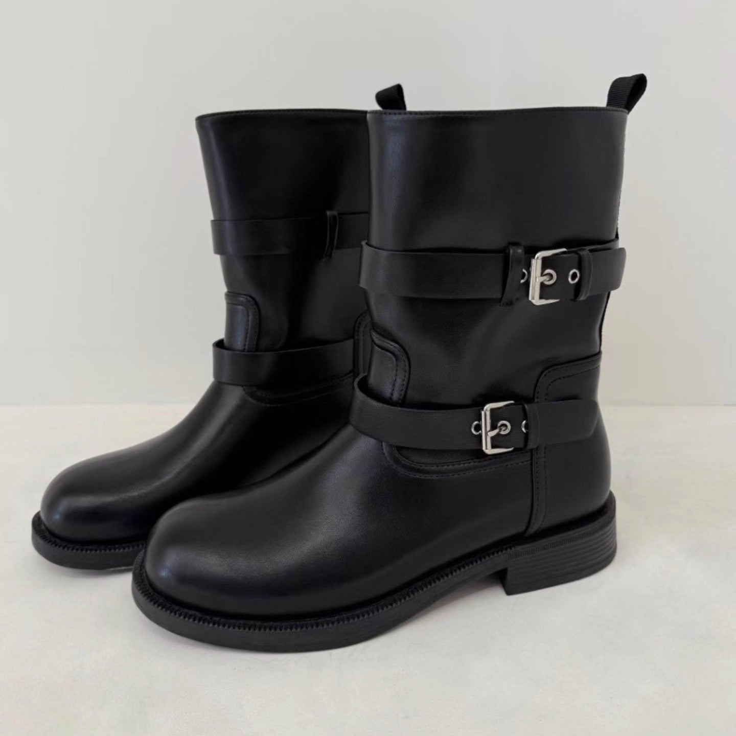 Women's Belt Buckle Round Head Chunky Martin Slimming Heels