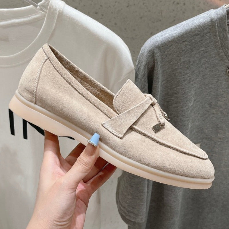 British Slip-on Lazy Pumps Deerskin Round Head Tassel Hardware Women's Casual Shoes