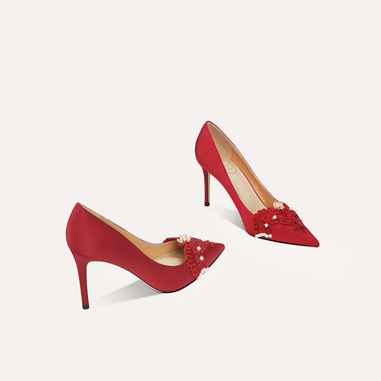 Women's Main Wedding Dress Spring Red Not Tired Feet Satin Heels