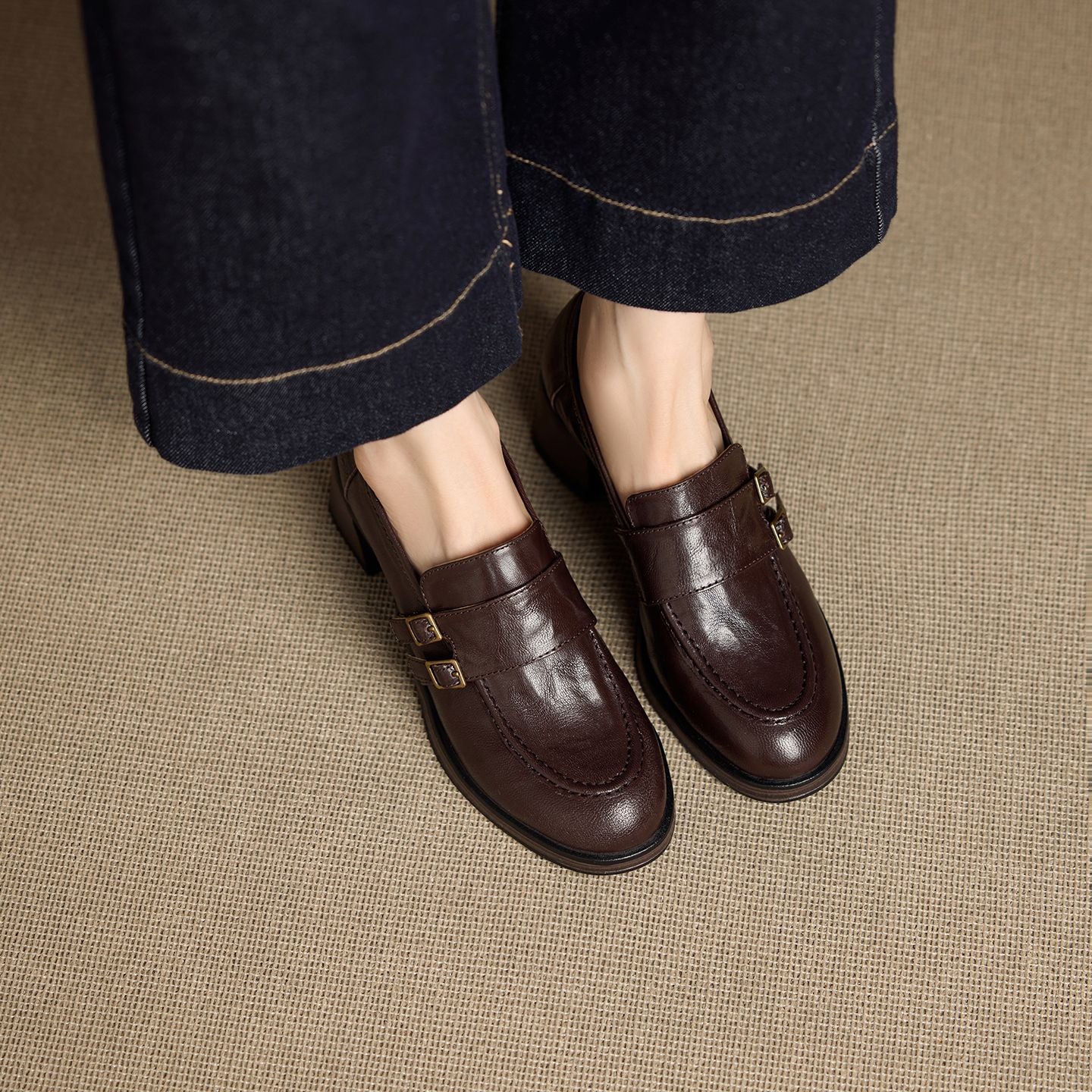 Women's Round Toe Double Breasted Mid Slip-on British Loafers