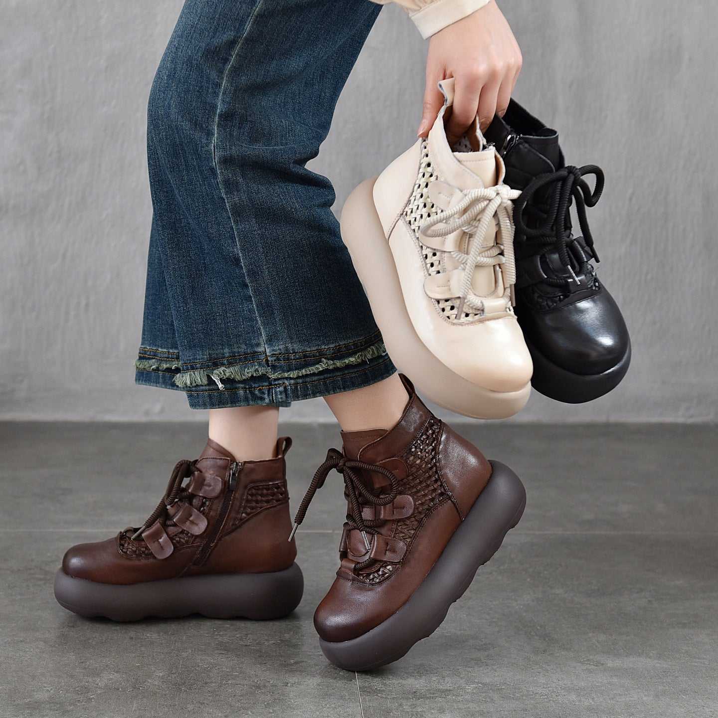 Women's First Layer Cowhide Handmade Woven Hollowed Platform Sandals