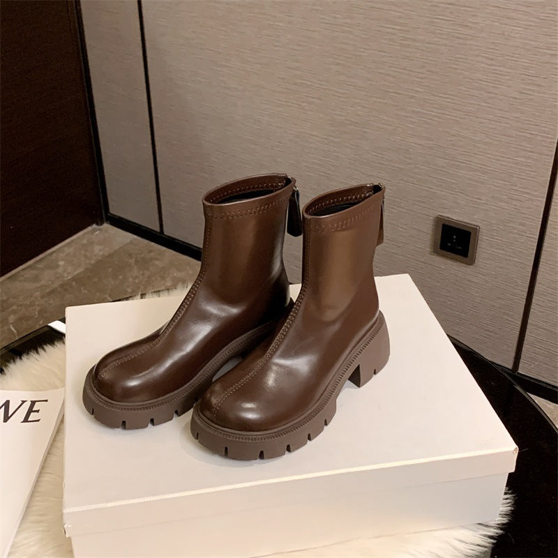 Women's British Style Martin Elastic Mid Brown Boots