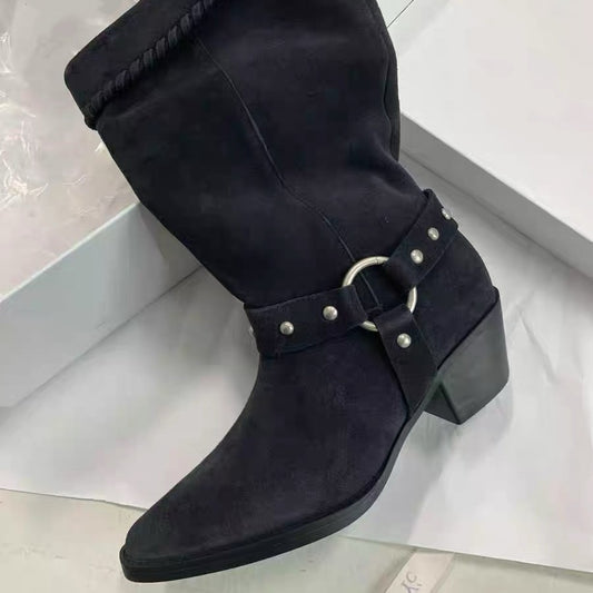 Women's Sheepskin Version Retro Minority Pointed Toe Chunky Rivet Thigh High Boots