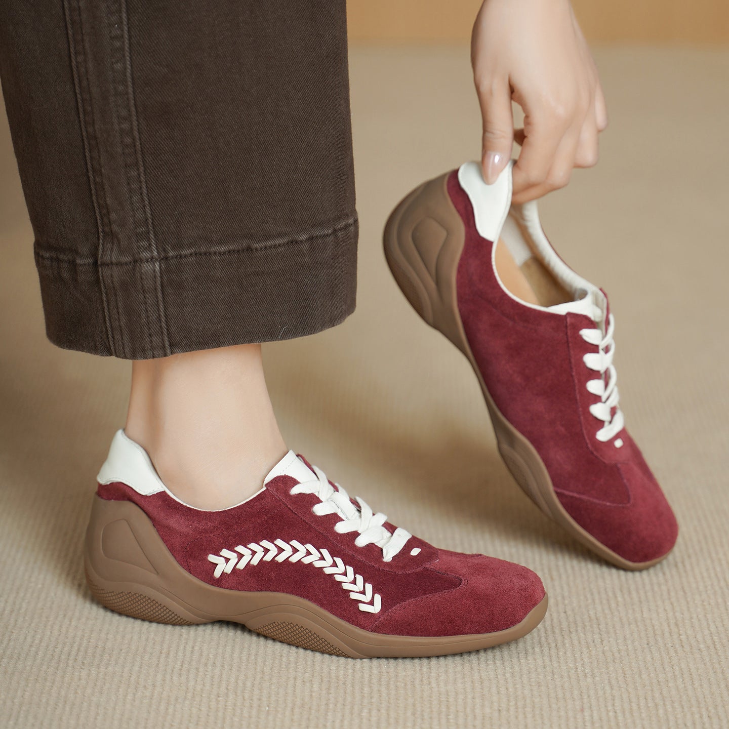 Women's Angora Red Flat Deep Mouth Pumps Genuine Platform German Women's Fashion Shoes