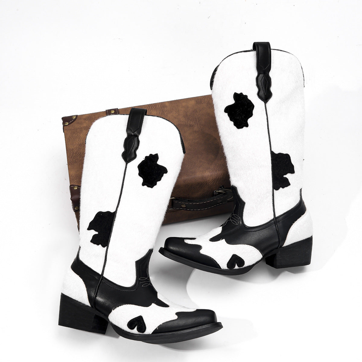 Women's Fashion Pointed Toe With Chunky Large Embroidery Women's Leather Boots