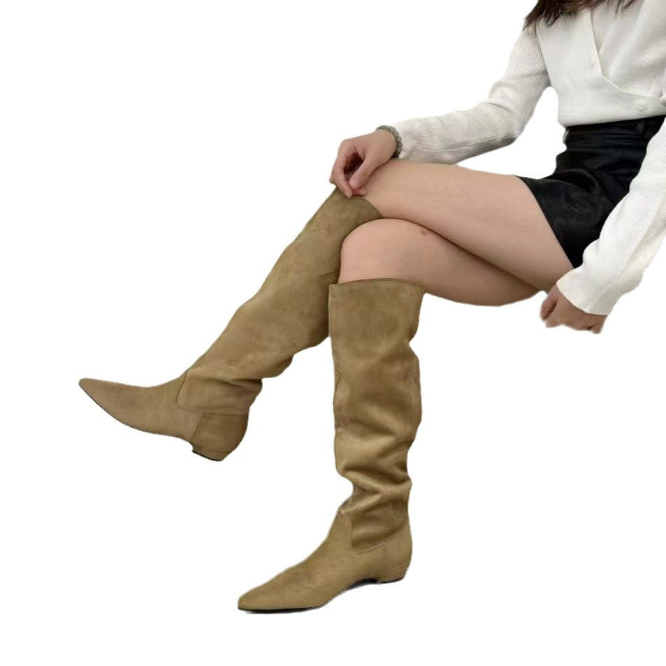 Women's Retro Suede Thin Pile Style Tall Women's Leather Boots