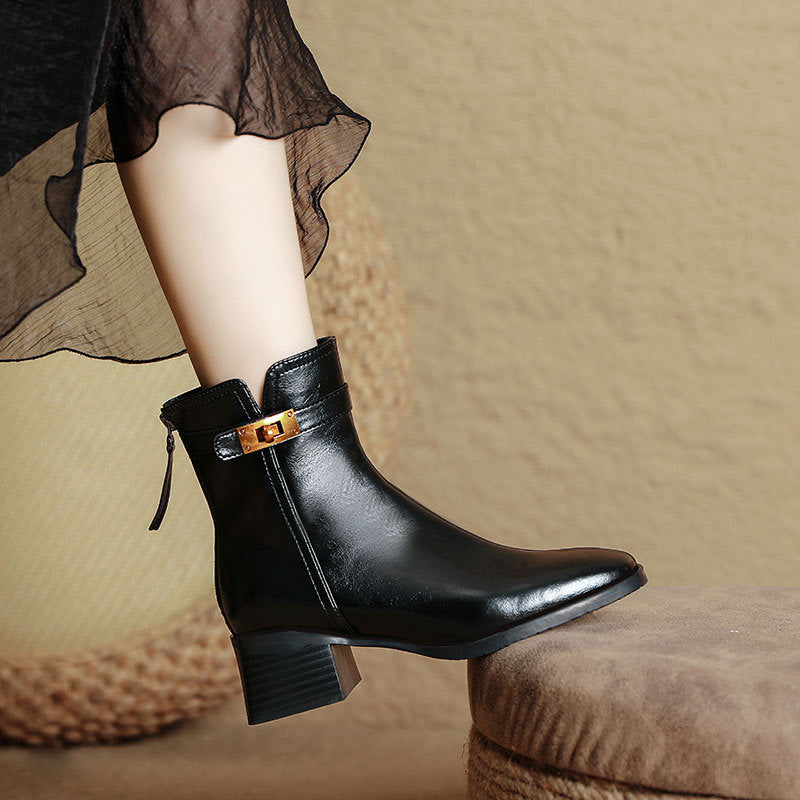 Women's Middle Tube Brown French Square Toe Boots