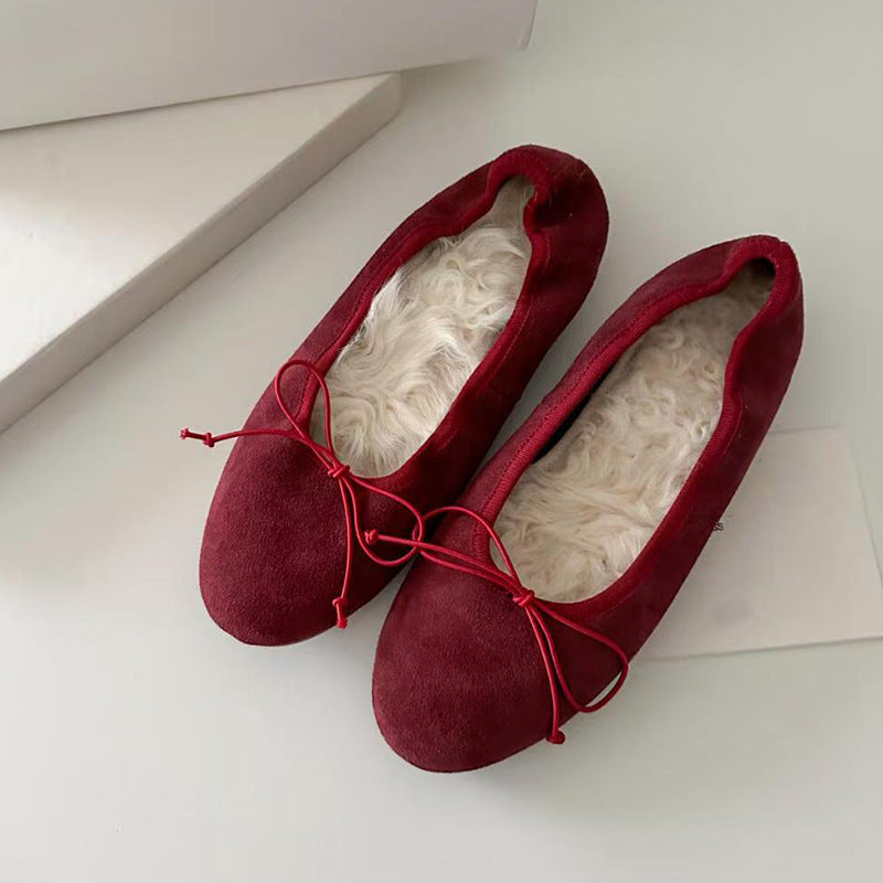 Style Retro Flat Bottom Bow Low-cut Slip-on Ballet Female Fleece-lined Women's Casual Shoes