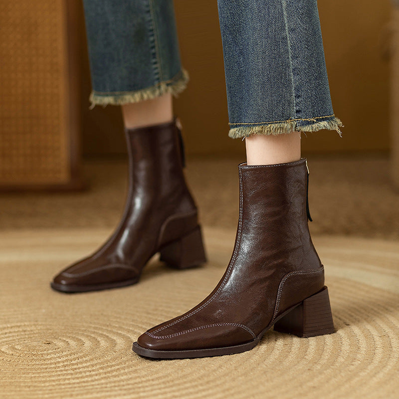 Women's Design Sense Square Toe Chunky Short British Style Fried Street Women's Leather Boots