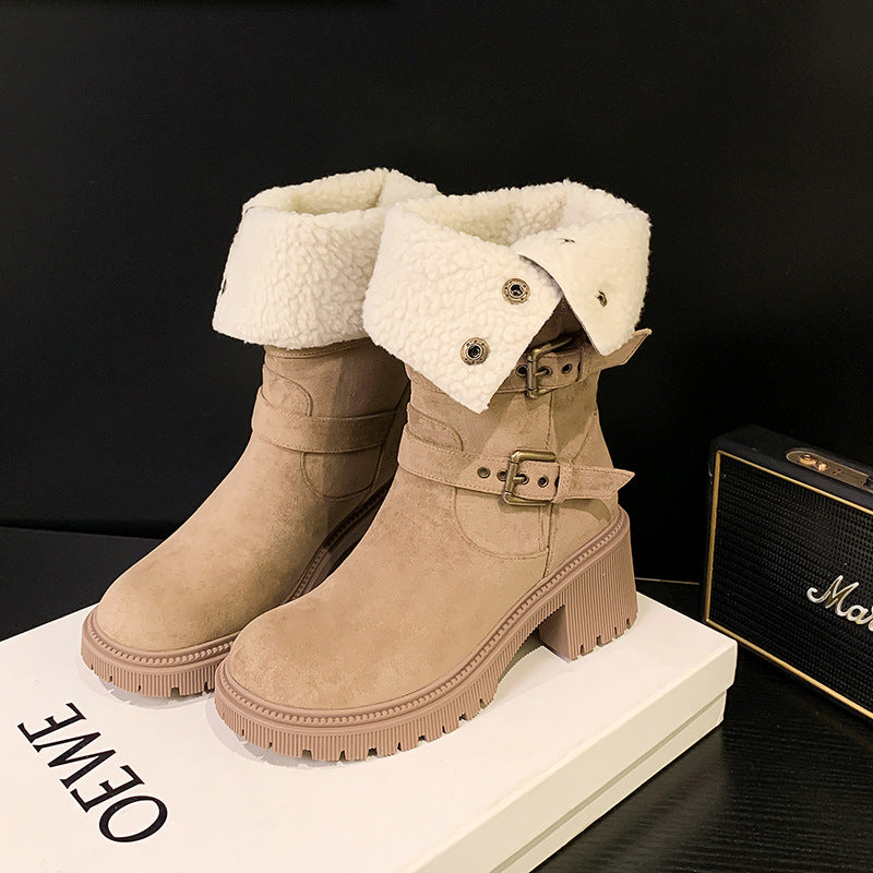 Women's Two-way Wide Short Suede Middle Buckle Women's Leather Boots