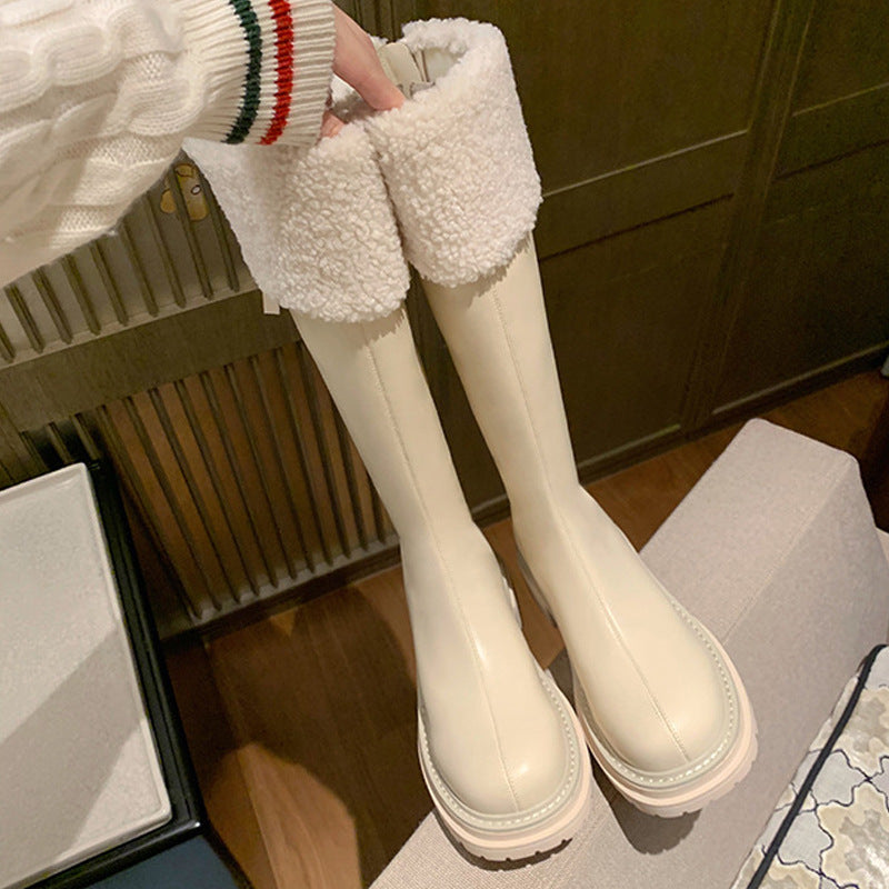 Grape Mom White With Fleece Lining Furry Platform Long Boots