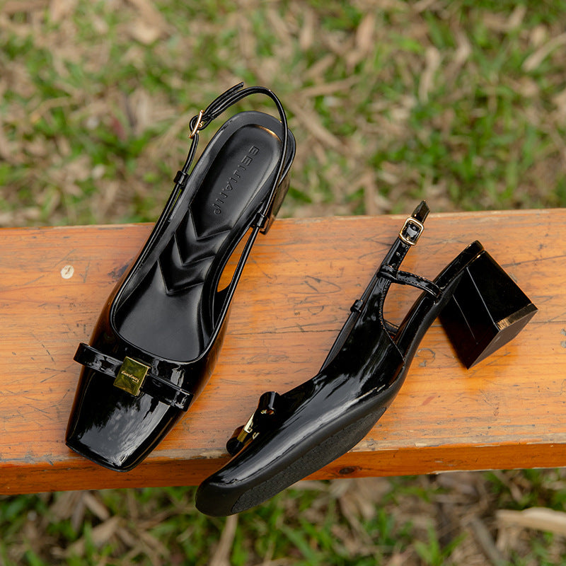 Women's Bow Shallow Mouth Slingback Mid Chunky Women's Shoes