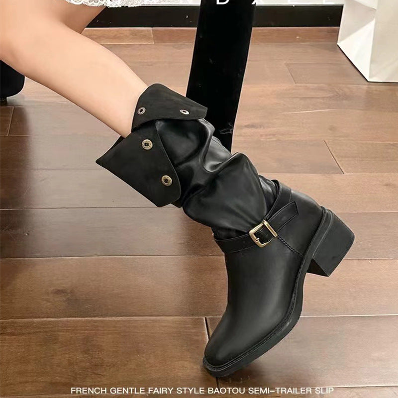 Women's Platform Two-way Belt Buckle Pile Style Thick Boots