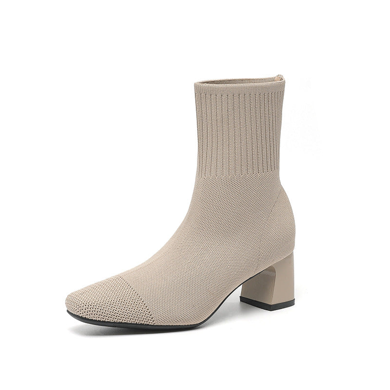 Women's Elastic Chunky Thin Knitted Sock Black Square Boots