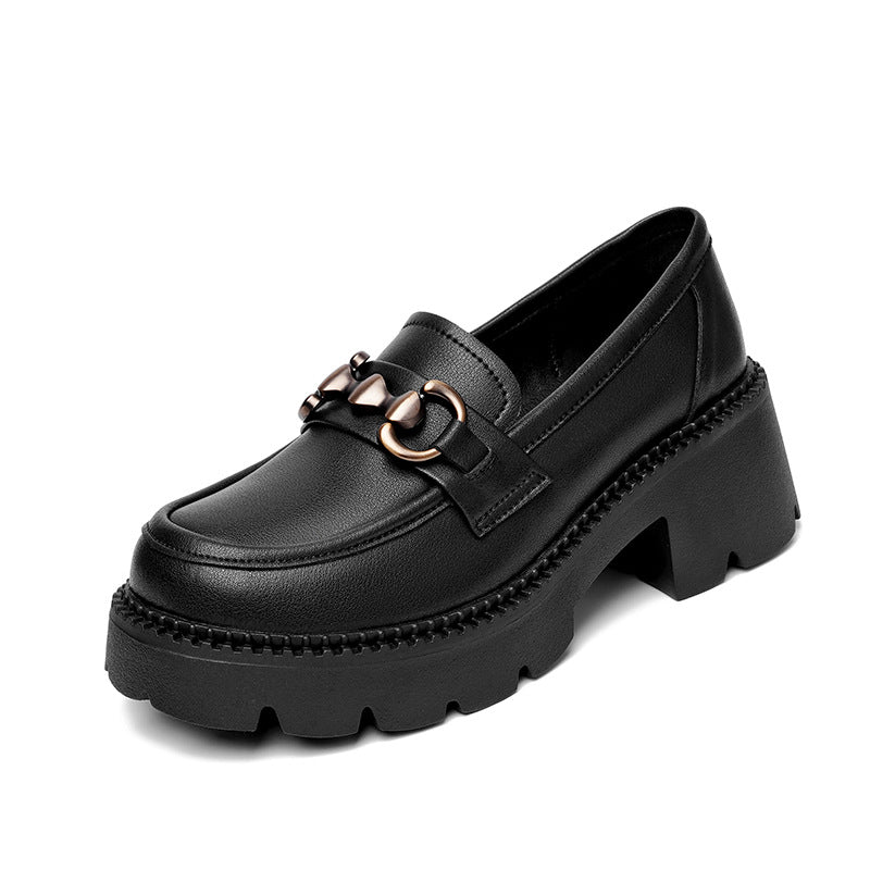 Women's Cowhide Black Patent Platform Thick Bottom Heightened Women's Casual Shoes