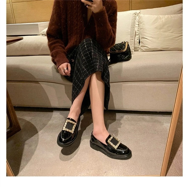 Women's Version Authentic British Style Thick Bottom Flat Square Buckle Rhinestone Loafers