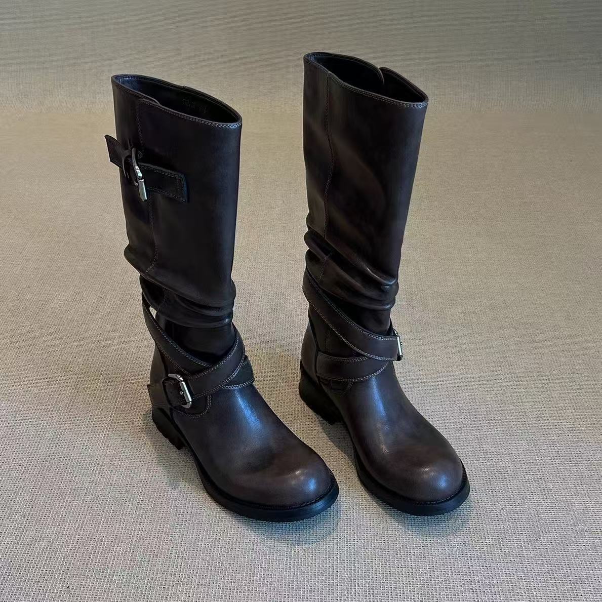Women's Buckle Chunky Knight Fashionable Round Toe Pile Style Heels