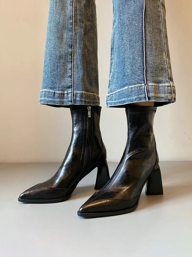 Women's French Style Skinny High Martin Temperament Short Women's Leather Boots