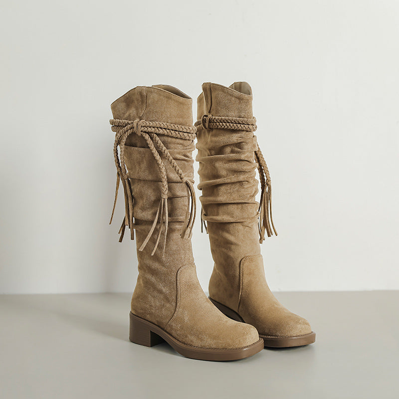 Long Female Vintage Tassel Woven Waste Soil Style Knight Thick Heels