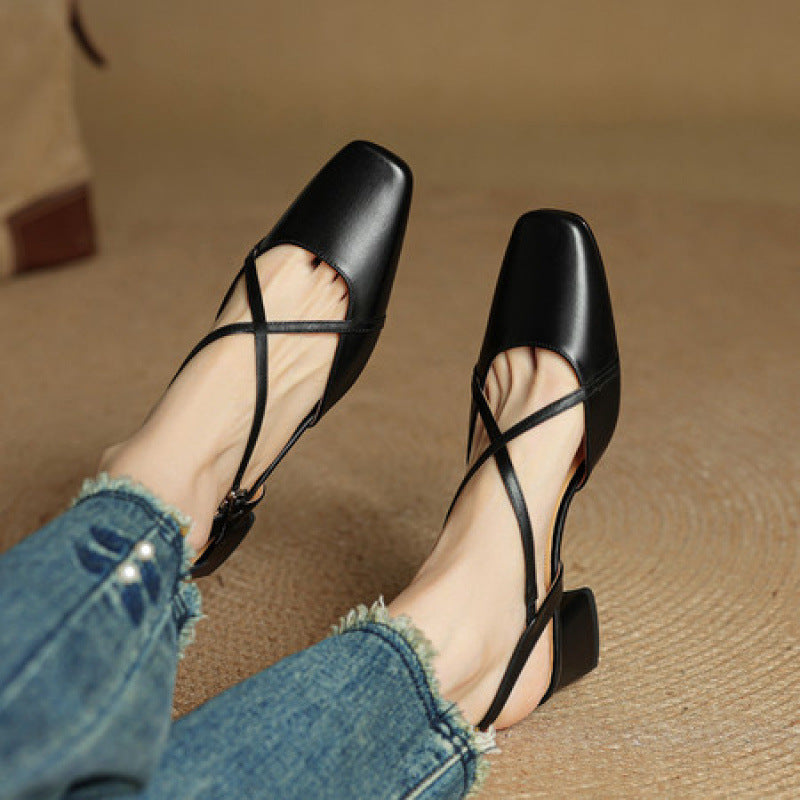 Women's Genuine Retro Closed Toe Summer Wear Beautiful Cross Strap Not High Heeled Sandals