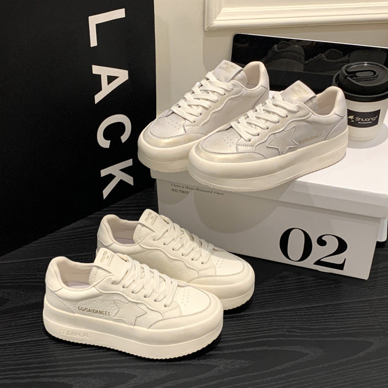 Women's White Spring Old Gold Thick Bottom Soft Surface Star Sneakers