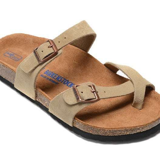 Women's & Men's Single Buckle Soft Bottom Cork Toe Ring Flat Slippers