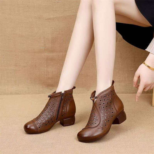 Women's Style Top Layer Cowhide Thick Punching Heels