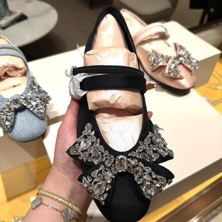 Women's Hidden Dress Flat Denim Rhinestone Strap Shallow Mouth Mary Women's Fashion Shoes