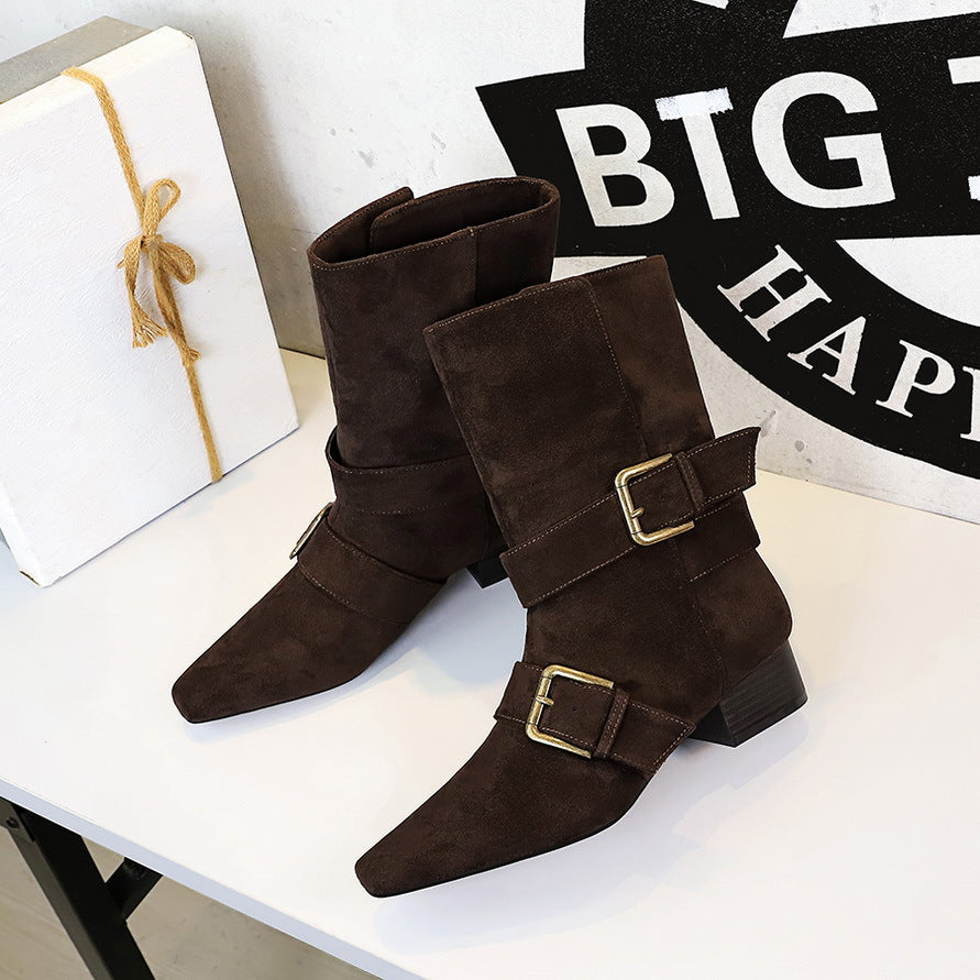 Women's Toe Belt Buckle Mid Chunky Suede Single Women's Leather Boots