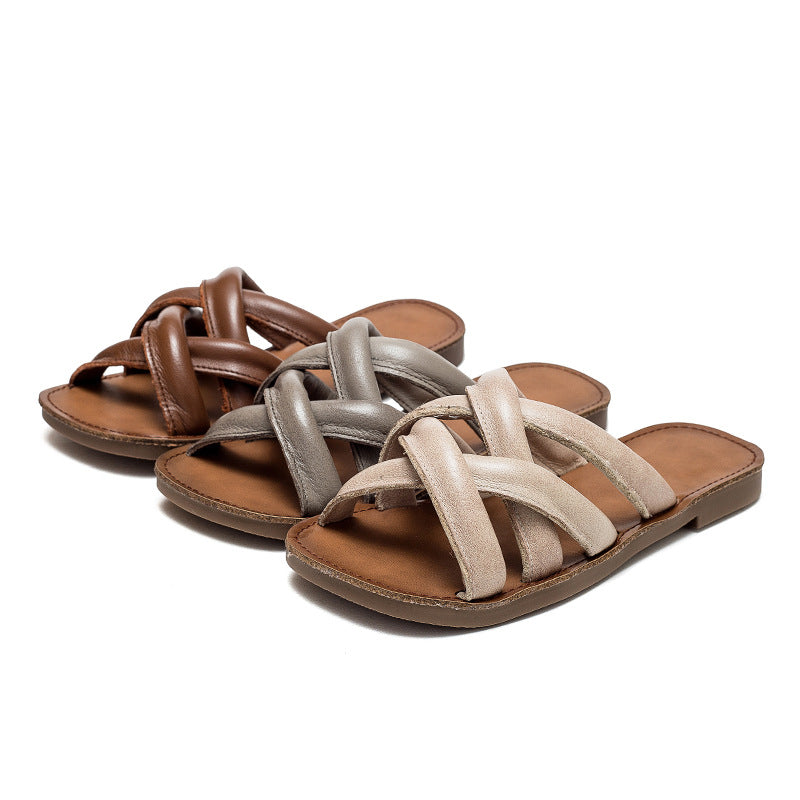 Women's Flat Round Toe Polished Retro Style Roman Sandals