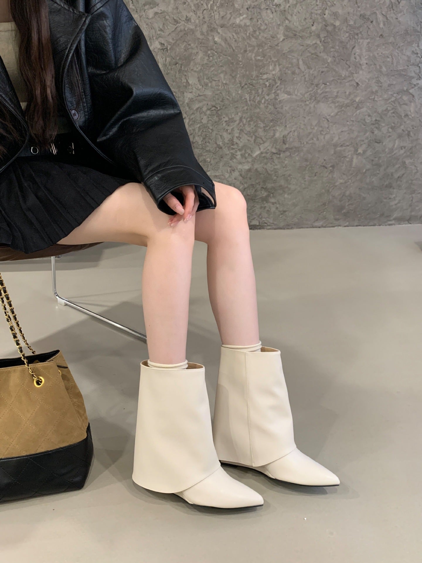 Women's High-heel Wedge Pointed Toe Pantyhose Sleeve Fashion Women's Leather Boots