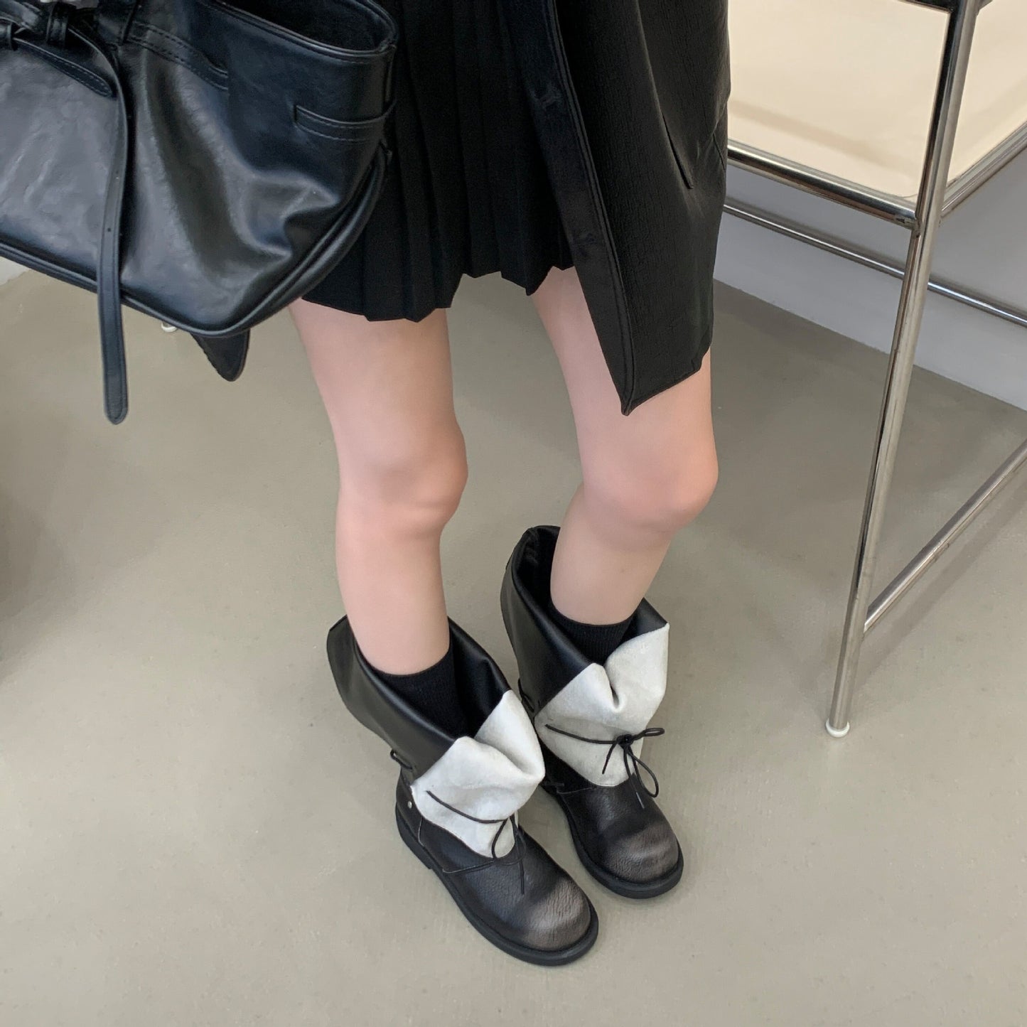 Mouth Foldable Vintage Strap Martin Stitching Large Boots