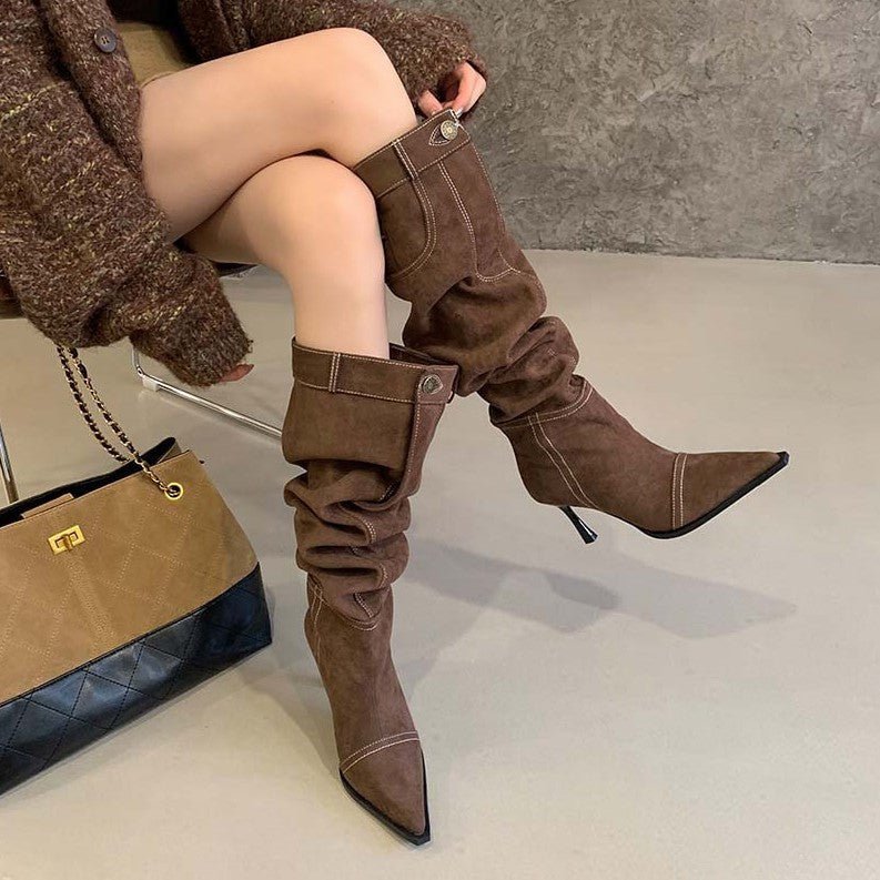 Denim Pile Style Stiletto Button Sleeve Women's Leather Boots