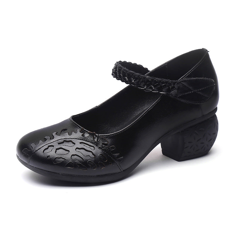 Women's Style Cowhide Shallow Mouth Four Pumps Thick Mid Casual Shoes