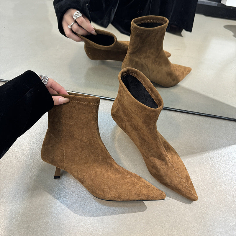 Women's Sheepskin Ankle Sleeve Elastic Thin Kitten Pointed Toe Women's Leather Boots
