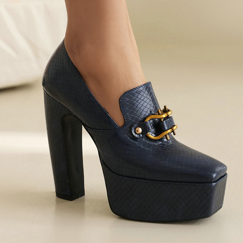 Women's Snake Pattern Square Toe Platform Thick Super Waterproof Metal Fastener Women's Fashion Shoes